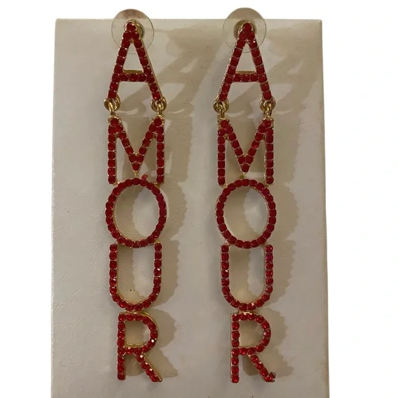 Amour LOVE Red Rhinestone Crystal Gold Long Drop Earrings Valentines Glam - Picture 6 of 8